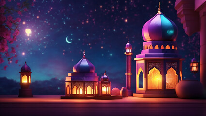 Photo colorful mosque and lantern with glowing evening light night in ramadan 3d illustration