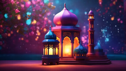 Photo colorful mosque and lantern with glowing evening light night in ramadan 3d illustration