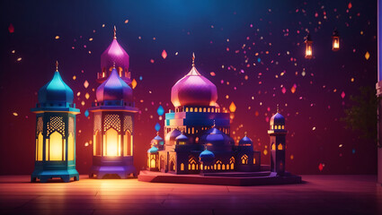 Photo colorful mosque and lantern with glowing evening light night in ramadan 3d illustration
