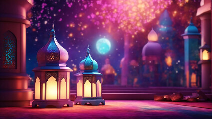 Photo colorful mosque and lantern with glowing evening light night in ramadan 3d illustration