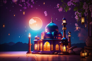 Photo colorful mosque and lantern with glowing evening light night in ramadan 3d illustration