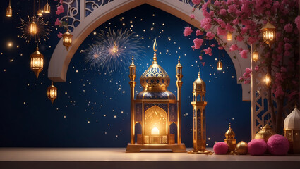 Photo colorful mosque and lantern with glowing evening light night in ramadan 3d illustration