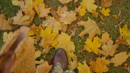POV top view female legs in brown vintage leather elegant boots on yellow leaves background. first person view. woman relaxing in autumn city park at sunny fall day and kicks leaves