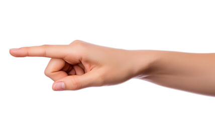 Woman hand shows fist finger direction gesture side view isolated on transparent background.