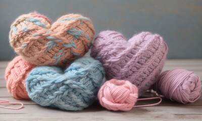 Fototapeta na wymiar Wool hearth knitting, valentine day celebration