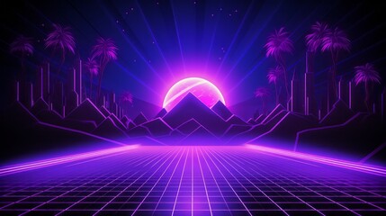 Naklejka premium 1980s symbols, triangle, glasses, sun, palm trees, illuminated signs, mountains in neon 80s style 