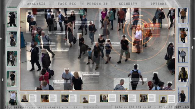 
Scanning Crowd of People Walking at Station. Surveillance Interface Using Artificial Intelligence and Facial Recognition. Face Detection, CCTV, AI, Future, Total Control, Privacy. Suspect Found.