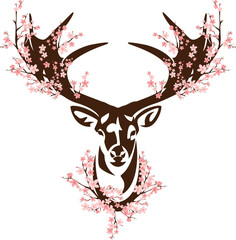 deer stag head with sakura flowers among antlers - wild forest animal spirit decorated with cherry blossom branches vector portrait