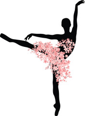 graceful ballerina girl with tutu dress made of pink blooming sakura flowers standing on pointe shoes - fantasy dancer vector silhouette
