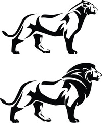 standing african lion and lioness side view portrait - black and white vector animal outline design set