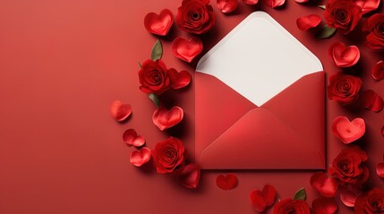 Red envelope with red rose and copy space, ai generative