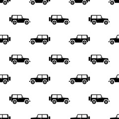Black small SUVs isolated on a white background. Monochrome off-road seamless pattern. Vector simple flat graphic illustration. Texture.