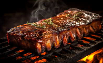 Culinary Tradition: Grilled Seasoned Pork Ribs - Smoked and Seasoned Meat with Spicy Flavor over Charcoal and Wood, Rustic and Authentic Atmosphere.