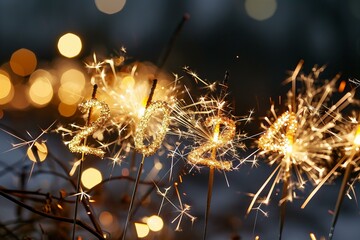 2024 sparklers with golden bokeh for new year celebration - obrazy, fototapety, plakaty