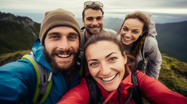 Young group of hiker friends taking selfie portrait on the top of mountain