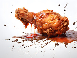 chicken drumstick on a white background with splashes of sauce