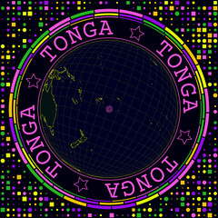 Futuristic Tonga on globe. Bright neon satellite view of the world centered on Tonga. Geographical illustration with the shape of the country and geometric background. Trendy vector illustration.