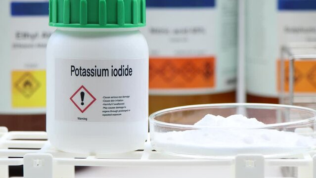 Potassium iodide in chemical container , chemical in the laboratory and industry, Raw materials used in production or analysis