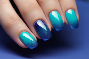 Close up of woman's fingernails with dark blue and turquoise ombre colored nail polish design with...