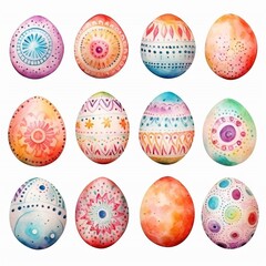 Set with colorful watercolor handmade watercolor handmade Easter eggs on white background, 12 eggs icon for app