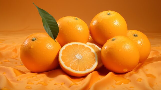 orange frutis with green leaves on isolated orange background with space for text and custom graphics