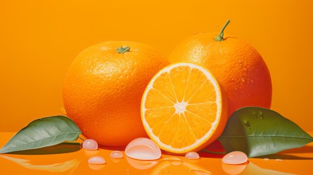 orange frutis with green leaves on isolated orange background with space for text and custom graphics