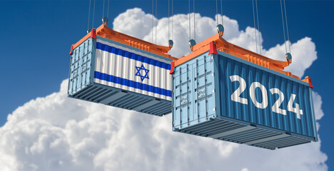 Trading 2024. Freight container with Israel national flag. 3D Rendering  - 696478528