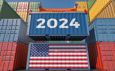 Trading 2024. Freight container with USA national flag. 3D Rendering  - 696478550