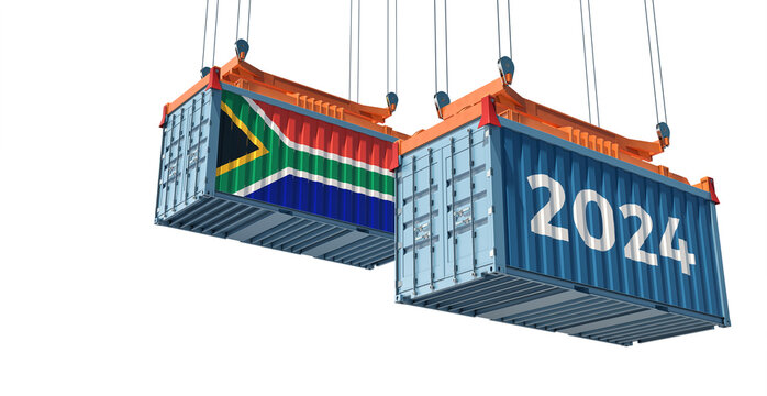 Trading 2024. Freight container with South Africa national flag. Isolated on white. 3D Rendering 