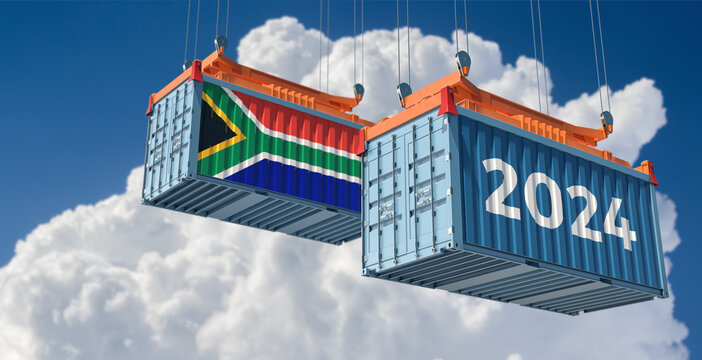 Trading 2024. Freight container with South Africa national flag. 3D Rendering 