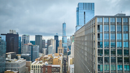 Aerial big city skyscraper buildings downtown Chicago, travel and tourism to Trump Tower, daytime