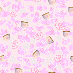 Colorful repeating seamless pattern background of love and relationships with a cup of cocoa and a kiss. Vector illustration for Valentine's day.