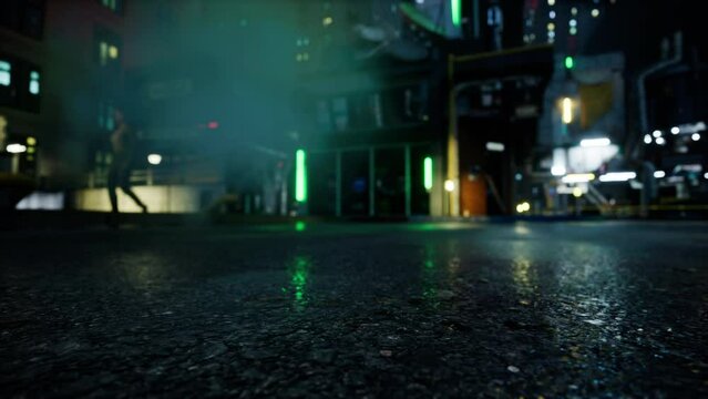 Street in Cybercity, road closeup, people on the blurred background, 3d Animation