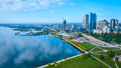 Aerial Milwaukee Skyline and Waterfront Park by Lake Michigan