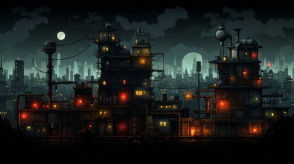 night landscape in pixel art style with castle, city, clouds and moon
