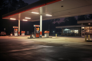 A photograph of quiet gas station at night