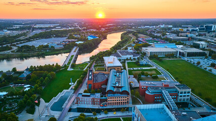 Aerial Golden Hour Cityscape with River in Indianapolis