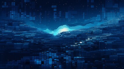 pixel art night landscape with city, moon and cloud