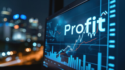 market chart with word profit on the screen - obrazy, fototapety, plakaty