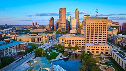 Aerial Golden Hour Cityscape with River and Skyscrapers, Indianapolis