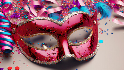 Uma máscara vermelha de Carnaval sobre uma superfície cheia de confete e serpentina.