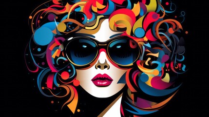 Graphic illustration of a woman's face in pop art style on a black background with space for text and customizable graphic elements