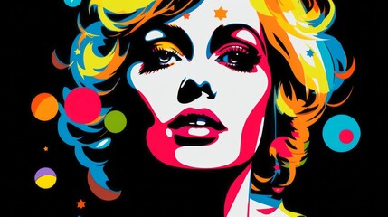 Graphic illustration of a woman's face in pop art style on a black background with space for text and customizable graphic elements