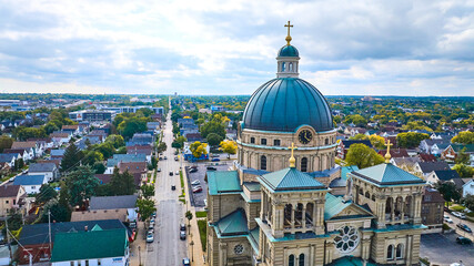 Fototapeta premium Aerial View of Teal Domed Church in Suburban Milwaukee