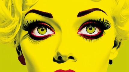Graphic illustration of a woman's face in pop art style on a yellow background with space for text and customizable graphic elements
