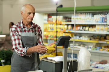 Old male salesman in a store weighing bananas on scales packing fruits waiting for a sale