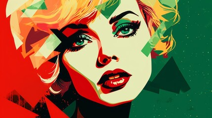 Graphic illustration of a woman's face in pop art style on a emerald background with space for text and customizable graphic elements