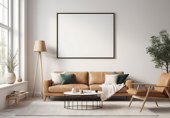 Frame mockup, ISO A paper size. Living room poster mockup. Interior mockup with house white background. Modern interior design. 3D render - obrazy, fototapety, plakaty