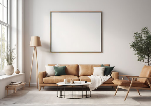 Frame mockup, ISO A paper size. Living room poster mockup. Interior mockup with house white background. Modern interior design. 3D render