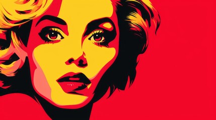 Fototapeta premium Graphic illustration of a woman's face in pop art style on a red isolated background with space for text and customizable graphic elements
